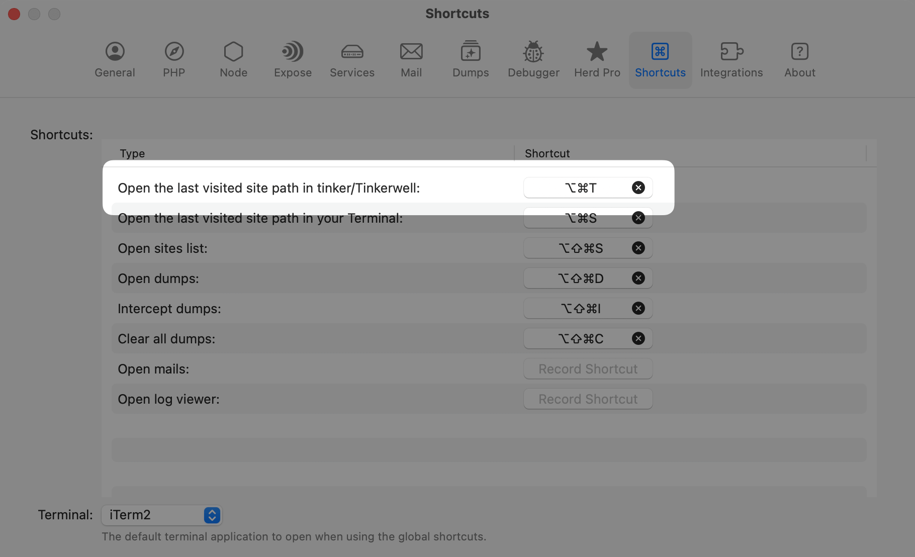 Tinker Shortcut Settings