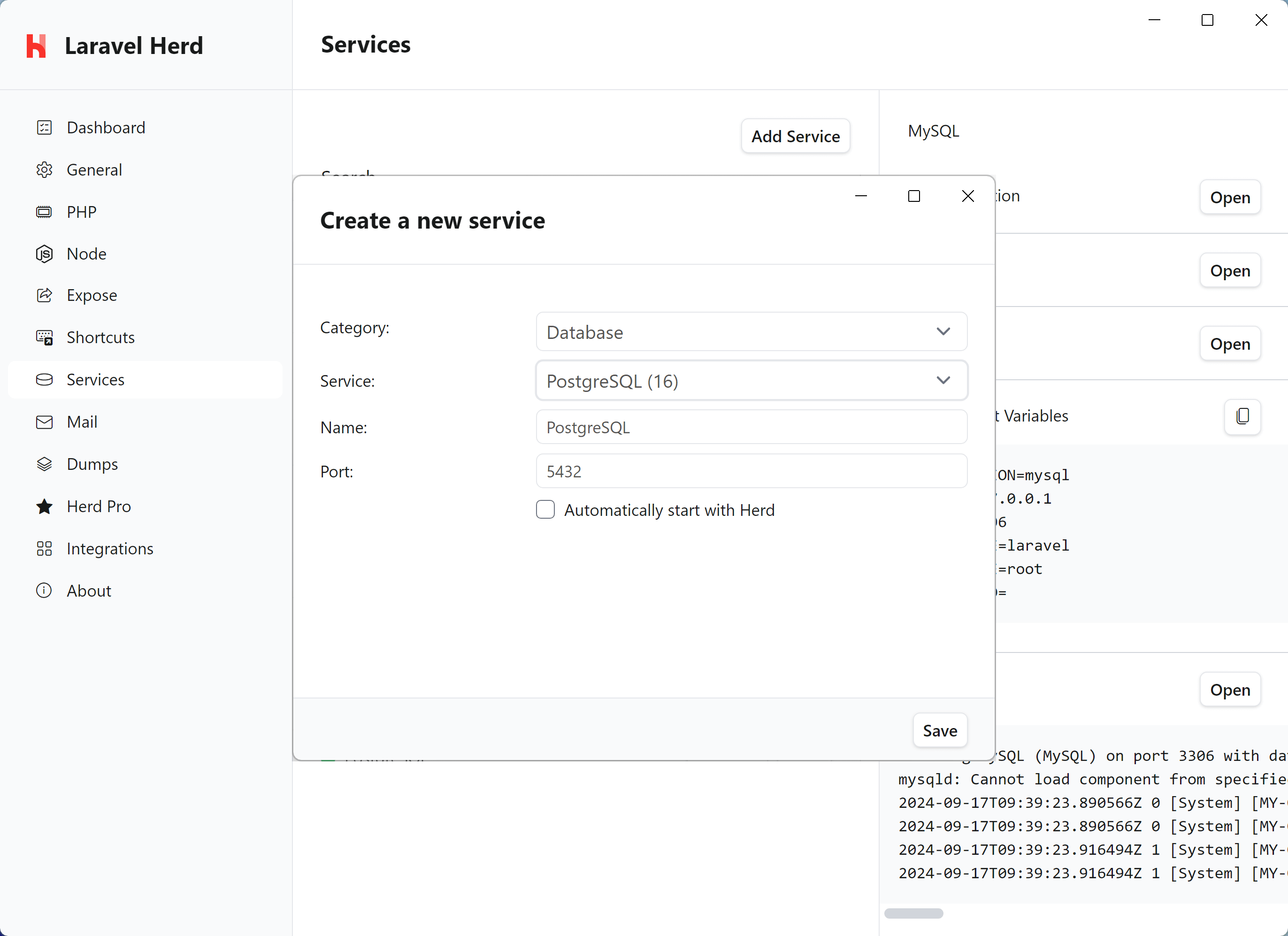 Screenshot of PostgreSQL settings